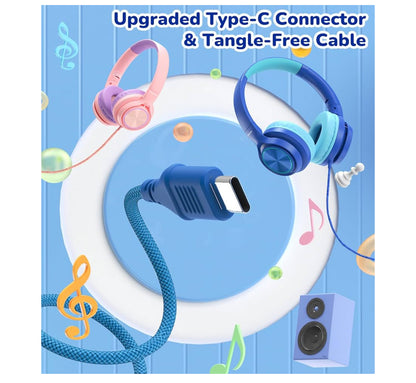 Kids USB-C Headphones with Mic – Safe Volume Limiter – Foldable Over-Ear Wired Headset (Blue)