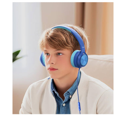 Kids USB-C Headphones with Mic – Safe Volume Limiter – Foldable Over-Ear Wired Headset (Blue)