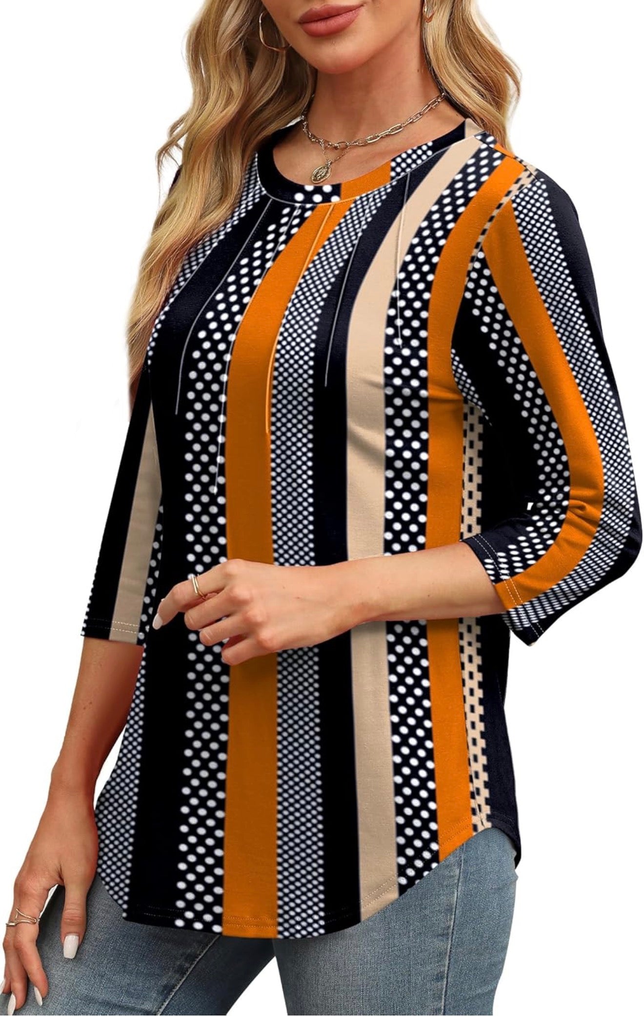 Women’s Retro Stripe & Dot Print Top – 3/4 Sleeve Casual Blouse