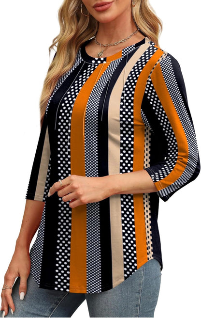 Women’s Retro Stripe & Dot Print Top – 3/4 Sleeve Casual Blouse