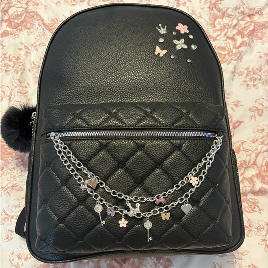 Hello Kitty Black Quilted Kids Backpack with Chain and Black Pom-pom