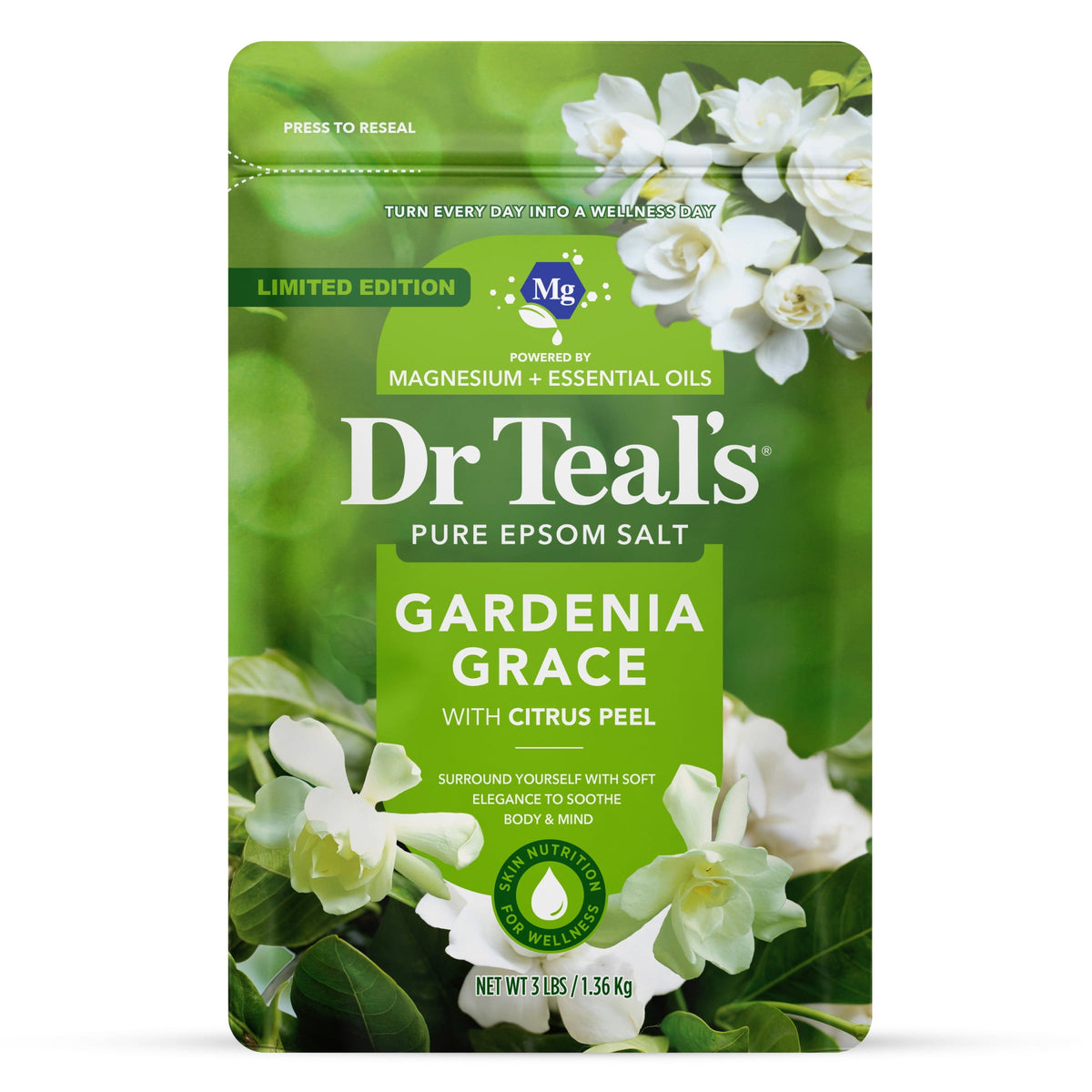Dr Teal's Pure Epsom Salt Magnesium Soak, Gardenia Grace with Citrus Peel, 3 lb– Limited Edition