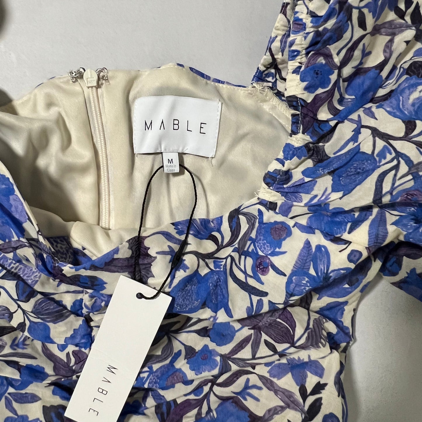 Mable Blue Floral Puff Sleeve Midi Dress Size M