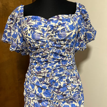 Mable Blue Floral Puff Sleeve Midi Dress Size M