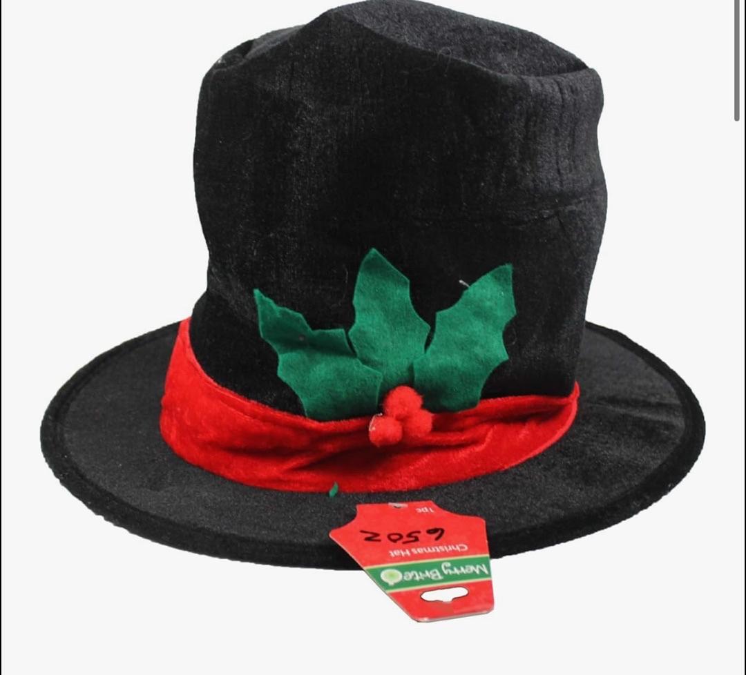 Holiday Christmas Hat – Black with Red Band & Green Holly Leaves