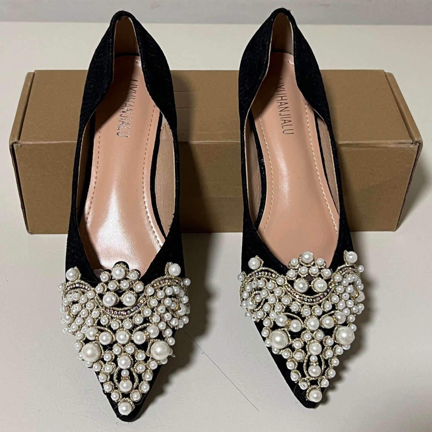 Women's Black Flats with Pearl and Bead Embellishments