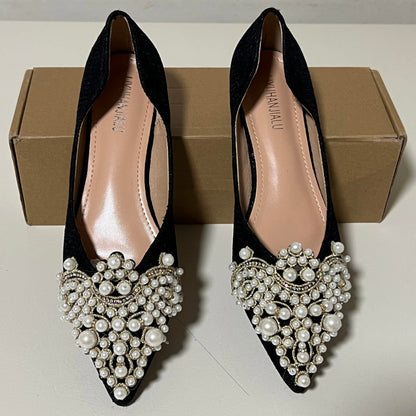 Women's Black Flats with Pearl and Bead Embellishments