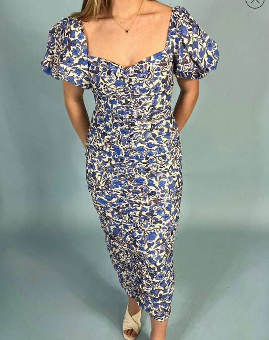 Mable Blue Floral Puff Sleeve Midi Dress Size M