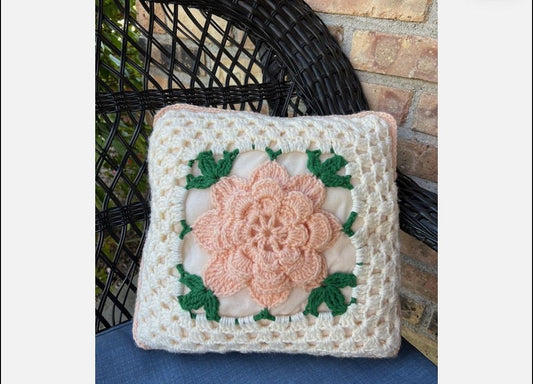 Granny Square Throw Pillow 3D Flower Crochet 14" Square Handmade